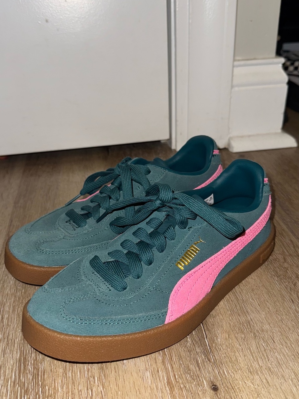 Puma Kids Teal Suede Sneaker with Pink Stripe